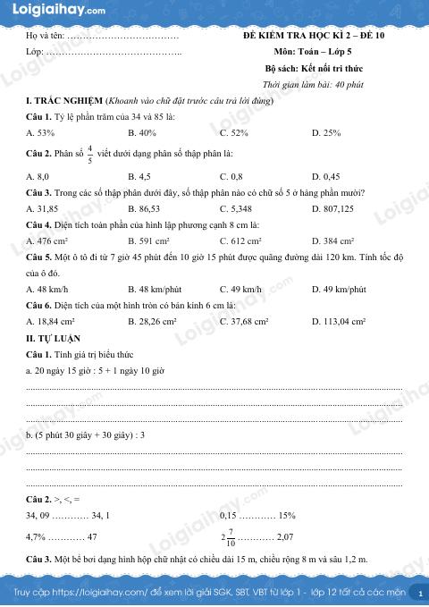 Đề kiểm tra học kì 2 Toán 5 Kết nối tri thức - Đề số 10
